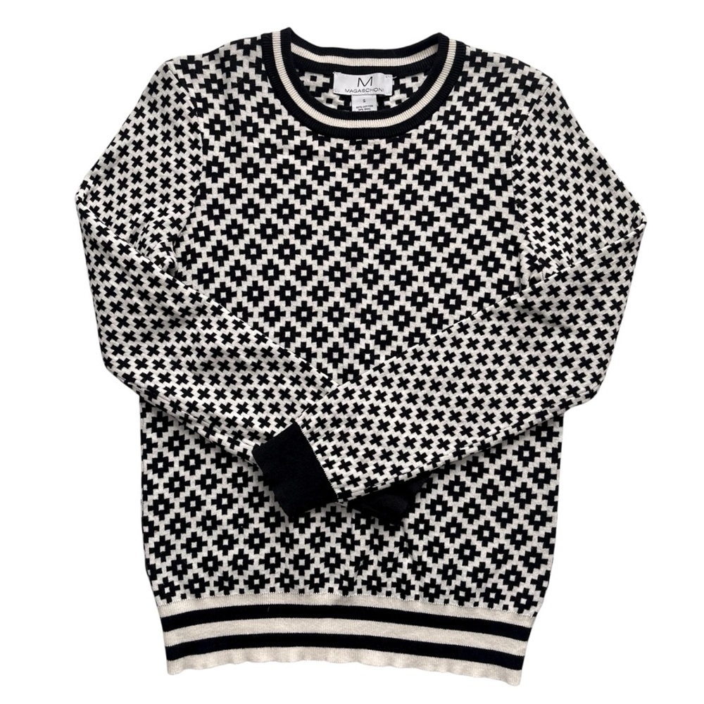Magaschoni Sweater Geometric Wool Cotton Blend Black and Ivory Size Small
